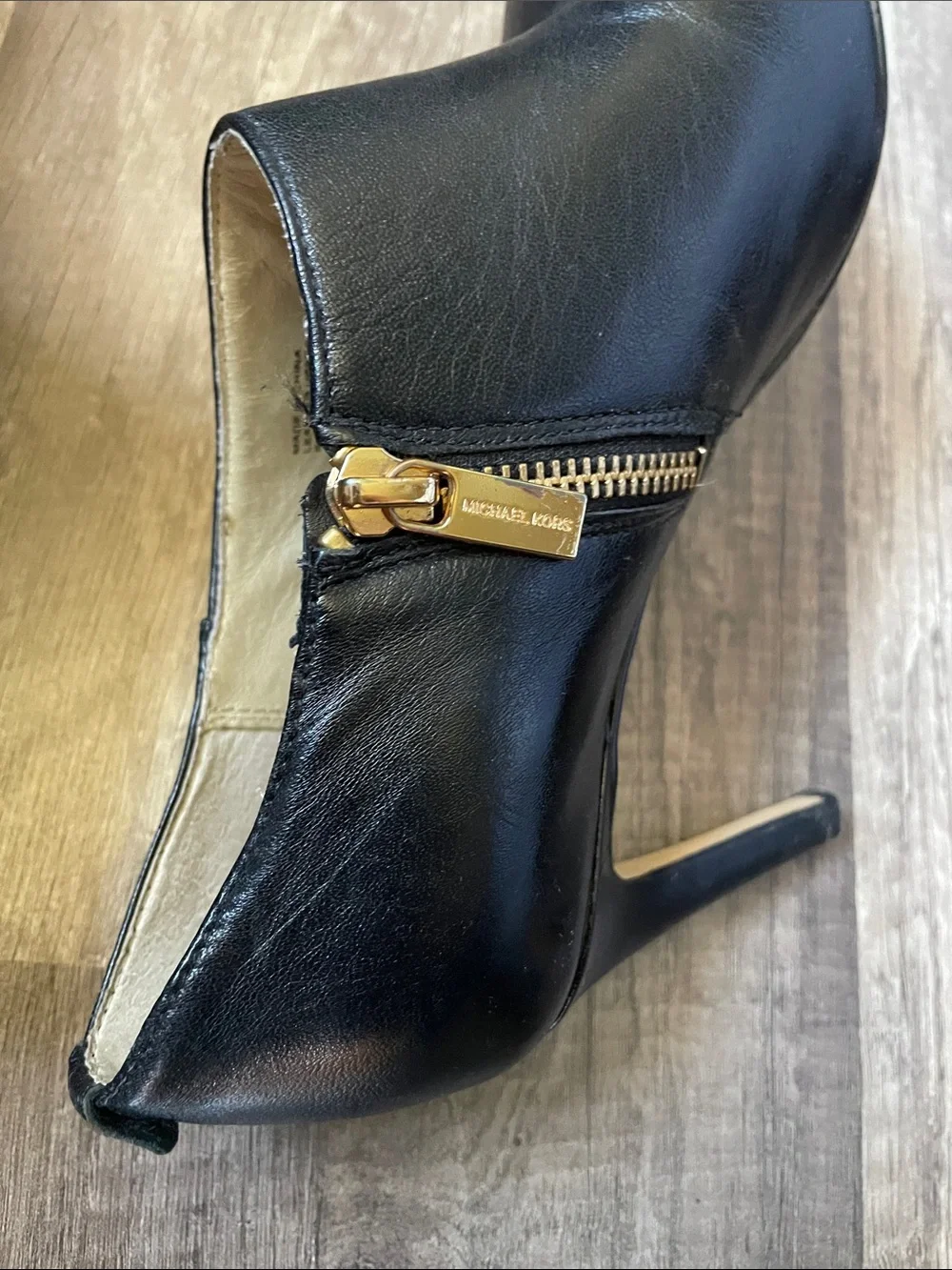 Michael Kors Black Leather Gold-Zip Ankle Booties